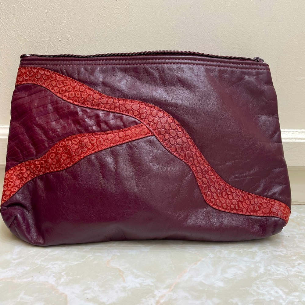 Vintage Letisse Leather Clutch Handbag Burgandy w/ textured trim Unique design